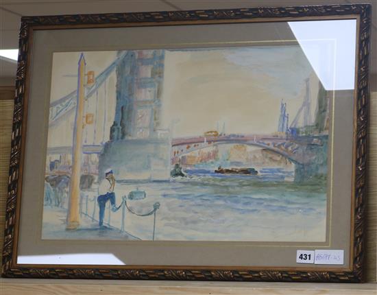 Dunlop, watercolour, view of Tower Bridge, indistinctly signed, 33 x 53cm